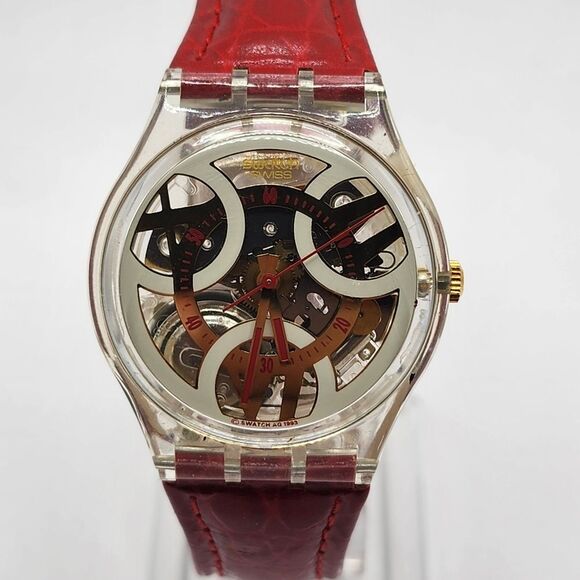 Vintage Swatch Watch skeleton Standard Feuer GK177 1993 red leather bands Works